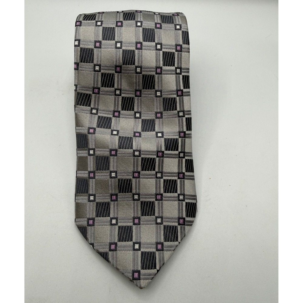 Nicole Miller Col. Men Grey Black Purple Geometric Grid Woven Classic Necktie‎